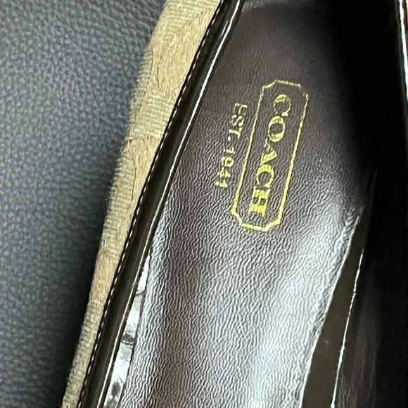 COACH Signature Monogram Brown and Tan Block Heel Pumps - Picture 4 of 6